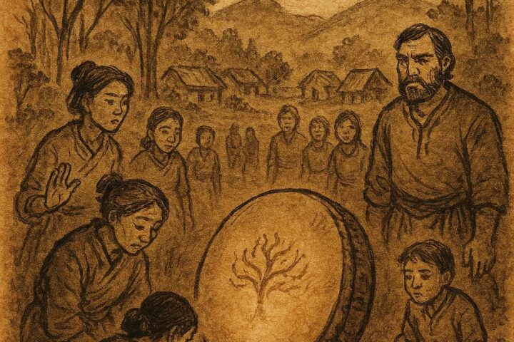 Parchment-style illustration of a sacred drum revealing injustice, Afro-Surinamese/Guyanese folktale scene.