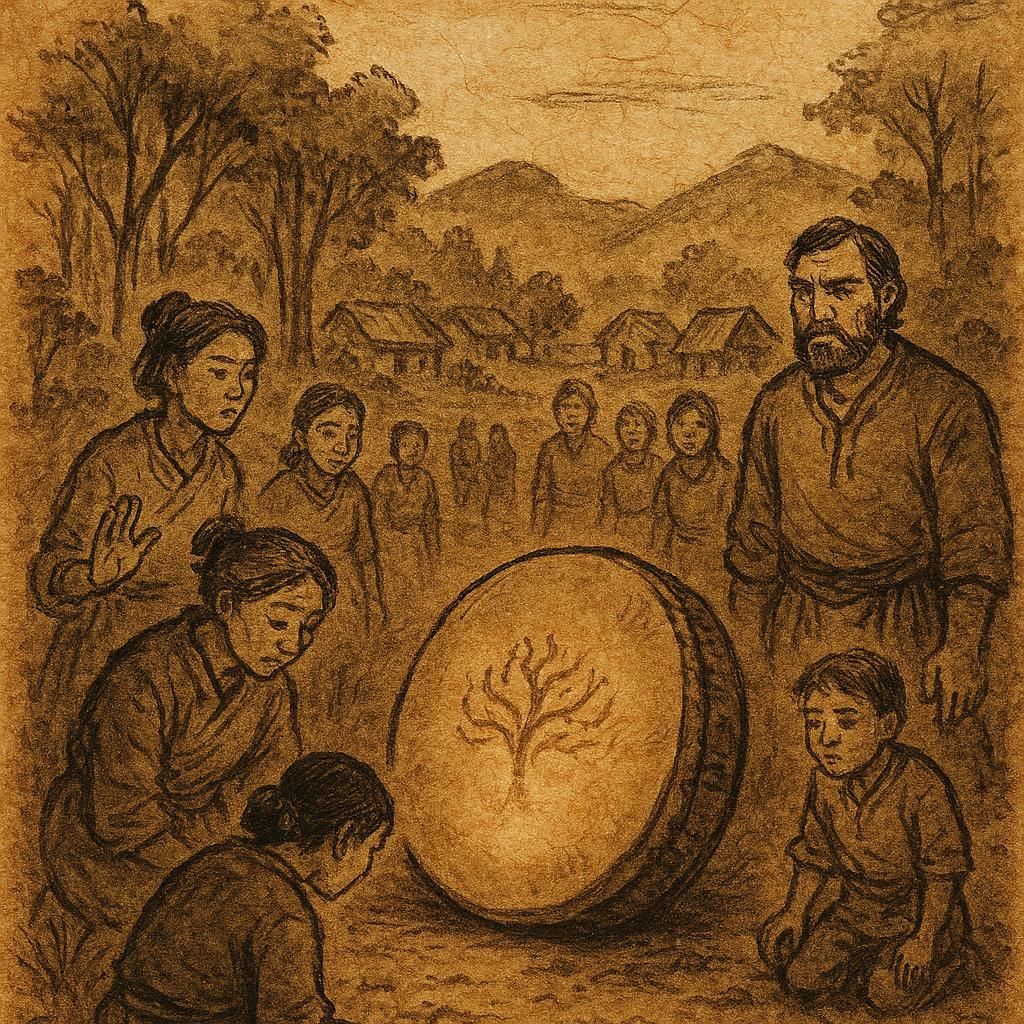 Parchment-style illustration of a sacred drum revealing injustice, Afro-Surinamese/Guyanese folktale scene.