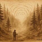 A traveler listening to a speaking echo in a forest valley, French-Canadian folktale scene.
