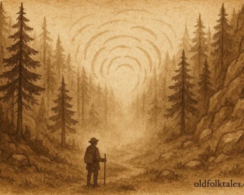 A traveler listening to a speaking echo in a forest valley, French-Canadian folktale scene.