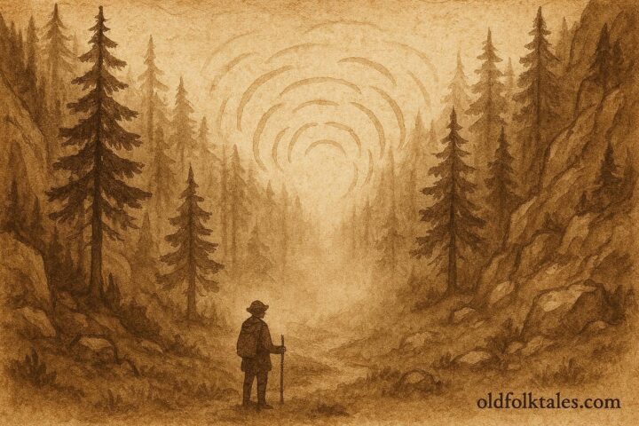 A traveler listening to a speaking echo in a forest valley, French-Canadian folktale scene.