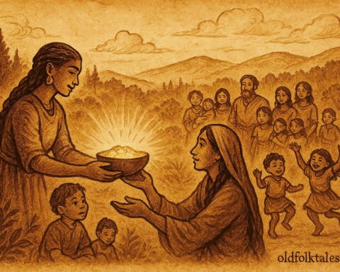 Parchment-style illustration of Amara sharing a magical calabash with villagers, Afro-Brazilian folktale scene.