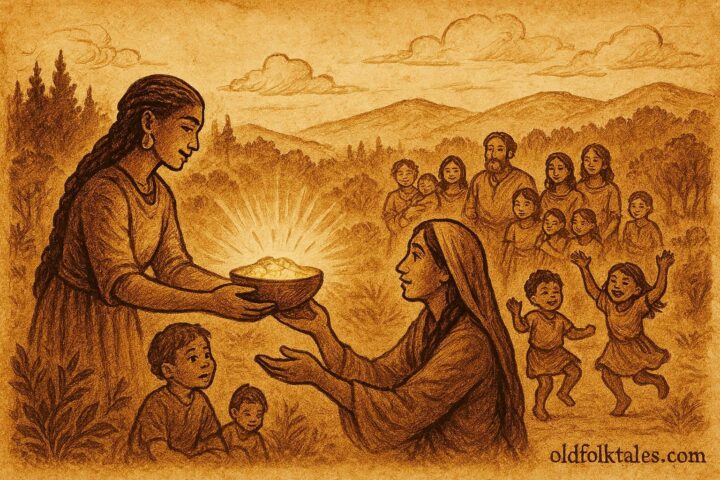 Parchment-style illustration of Amara sharing a magical calabash with villagers, Afro-Brazilian folktale scene.