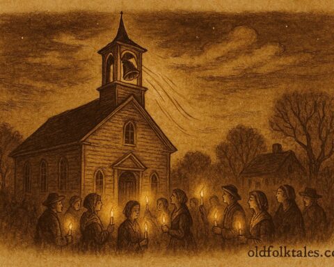 Parchment-style illustration of a church bell ringing at night, Spanish Colonial folktale.