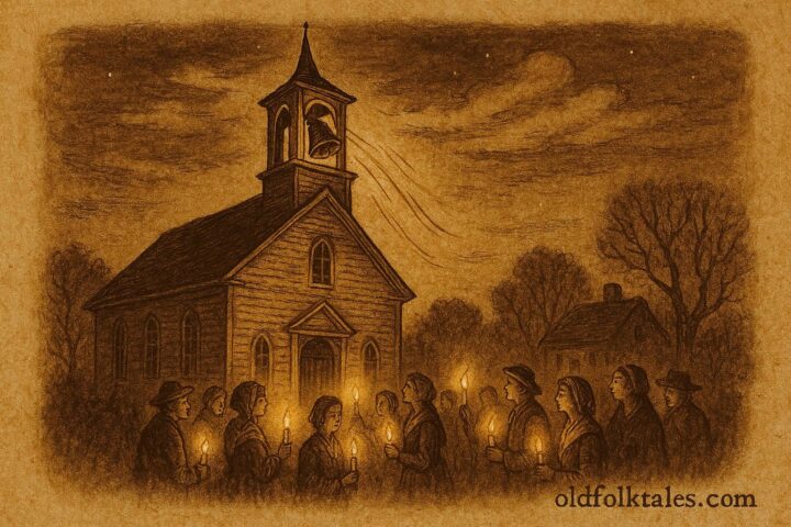 Parchment-style illustration of a church bell ringing at night, Spanish Colonial folktale.