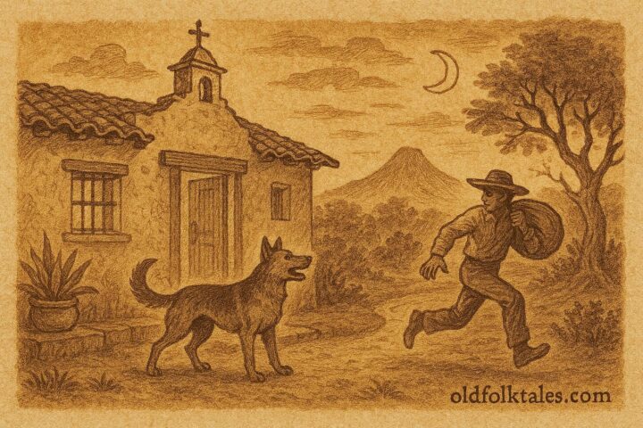 Parchment-style illustration of a loyal dog guarding a home in colonial Mexico.