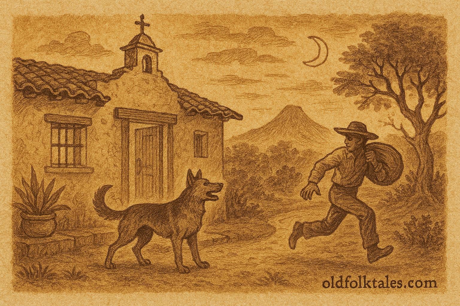 Parchment-style illustration of a loyal dog guarding a home in colonial Mexico.