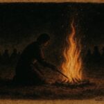 A nameless fire keeper tending ceremonial flames, Cree folktale from Canada.