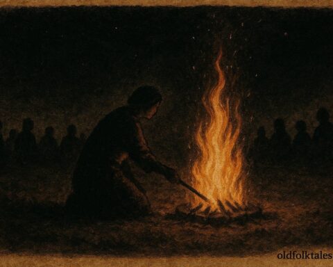 A nameless fire keeper tending ceremonial flames, Cree folktale from Canada.