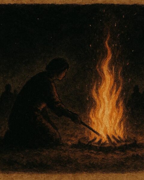 A nameless fire keeper tending ceremonial flames, Cree folktale from Canada.