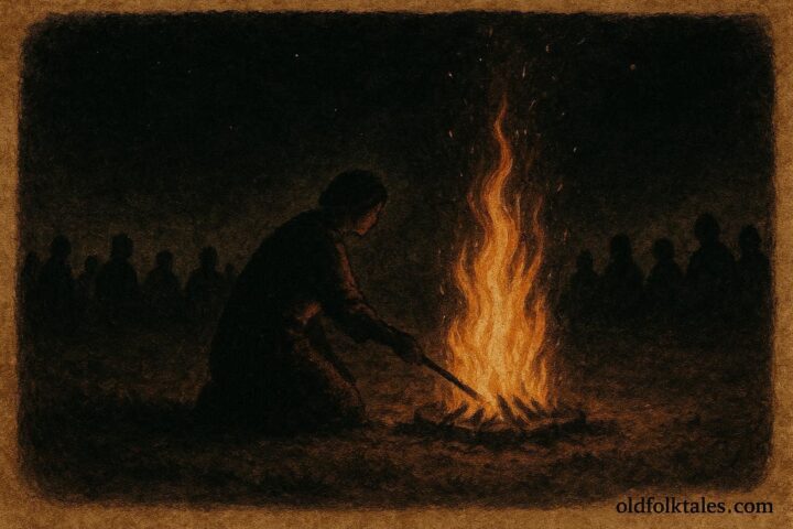 A nameless fire keeper tending ceremonial flames, Cree folktale from Canada.