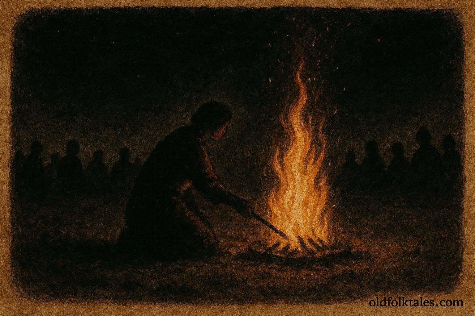 A nameless fire keeper tending ceremonial flames, Cree folktale from Canada.