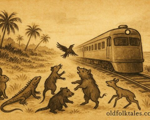 Parchment-style illustration of animals and the Fireless Train, Bahamian folktale scene.