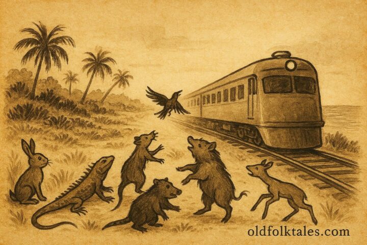 Parchment-style illustration of animals and the Fireless Train, Bahamian folktale scene.