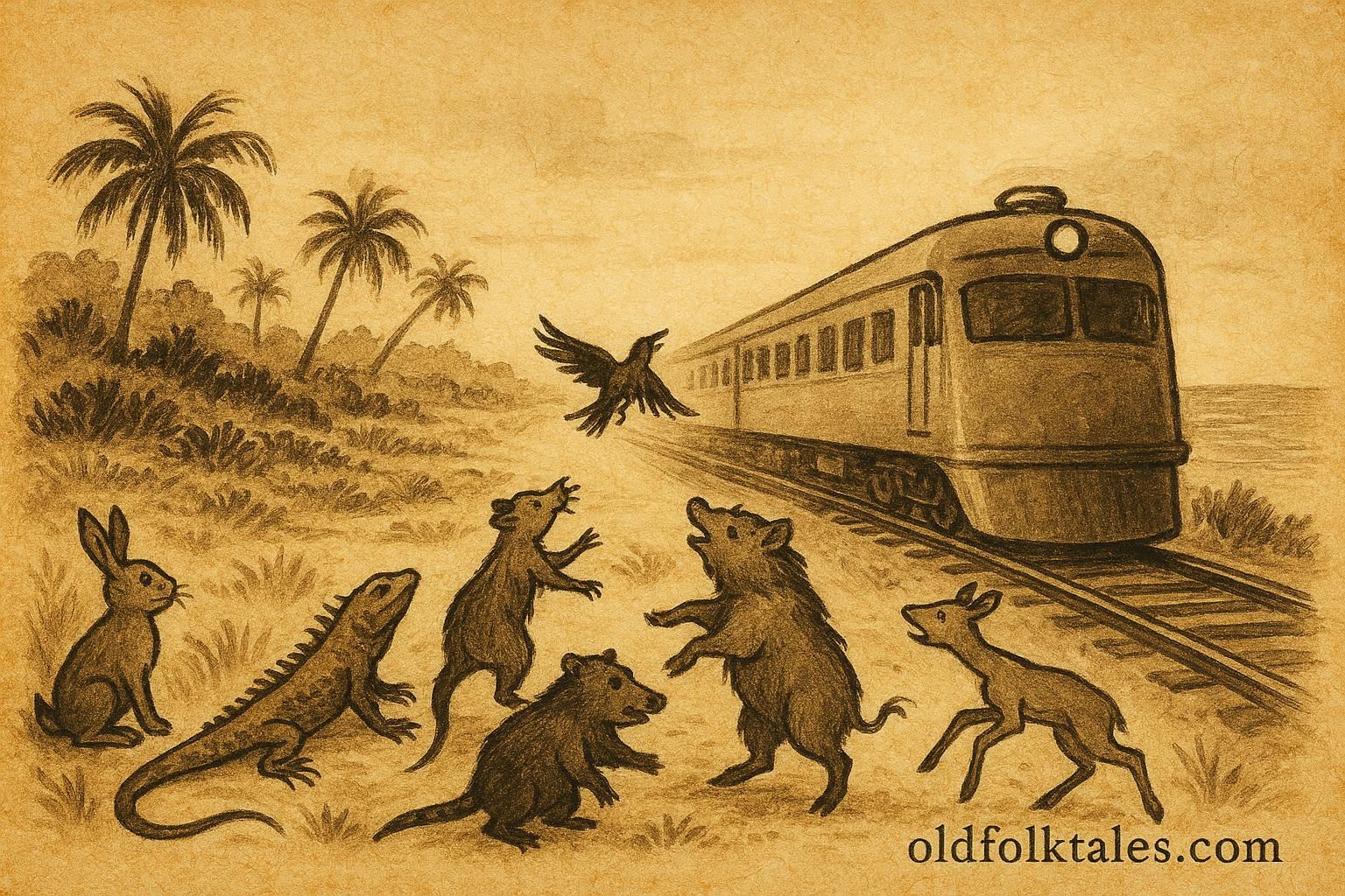 Parchment-style illustration of animals and the Fireless Train, Bahamian folktale scene.