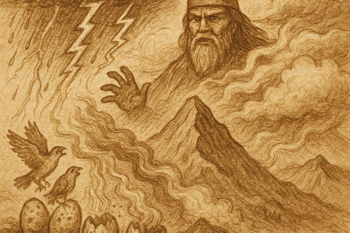 Sepia-toned illustration on aged rice parchment depicting the Andean mountain god Pariacaca emerging from five cracked falcon eggs atop a sacred peak. Each egg releases a distinct elemental force rain, lightning, thunder, wind, and mist that swirl together to form the towering figure of Pariacaca, whose body merges with the rugged mountain landscape. His stern face and raised hand command the stormy skies, while ancient Andean peaks stretch into the distance. The parchment texture and warm tones evoke a timeless, mystical atmosphere. “OldFolktales.com” is inscribed in elegant script at the bottom right.
