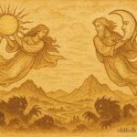 Parchment-style artwork of divine beings moving the sun and moon across the sky, Aztec folklore scene, Mexico.
