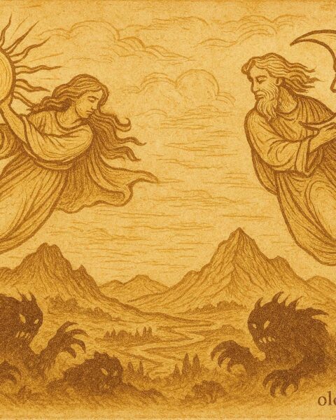 Parchment-style artwork of divine beings moving the sun and moon across the sky, Aztec folklore scene, Mexico.