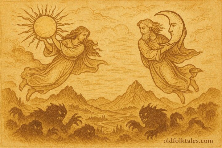 Parchment-style artwork of divine beings moving the sun and moon across the sky, Aztec folklore scene, Mexico.