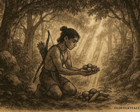 Parchment-style illustration of a hunter offering food to forest spirits, Afro-Surinamese folktale scene.
