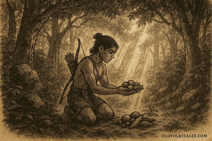 Parchment-style illustration of a hunter offering food to forest spirits, Afro-Surinamese folktale scene.