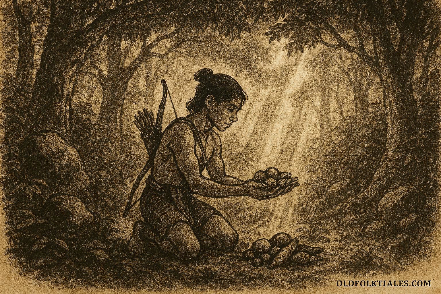 Parchment-style illustration of a hunter offering food to forest spirits, Afro-Surinamese folktale scene.
