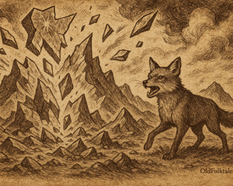 Sepia-toned illustration on aged rice parchment depicting a Quechua creation myth. A cunning fox stands in the foreground, alert and tense, as fragments of the sky crash to the earth behind it. Jagged mountains rise from the impact, surrounded by swirling clouds and celestial debris. The scene is dramatic and symbolic, rendered in fine ink lines with textured shading. "OldFolktales.com" is inscribed at the bottom right corner.
