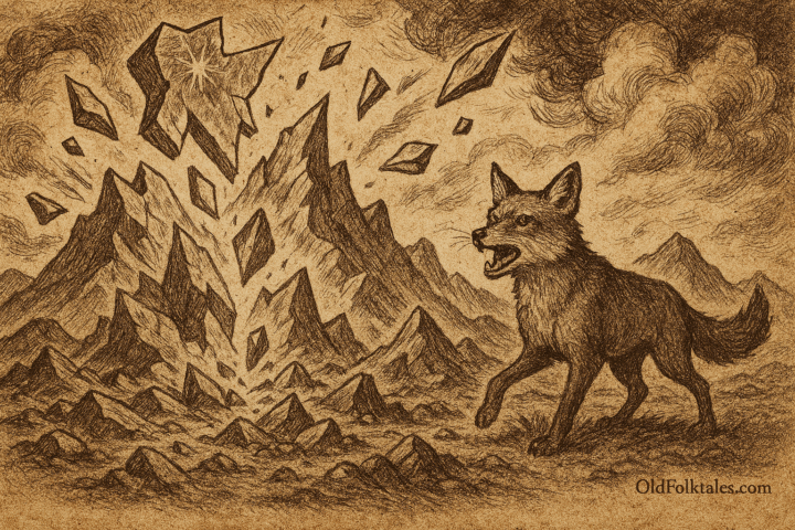 Sepia-toned illustration on aged rice parchment depicting a Quechua creation myth. A cunning fox stands in the foreground, alert and tense, as fragments of the sky crash to the earth behind it. Jagged mountains rise from the impact, surrounded by swirling clouds and celestial debris. The scene is dramatic and symbolic, rendered in fine ink lines with textured shading. "OldFolktales.com" is inscribed at the bottom right corner.