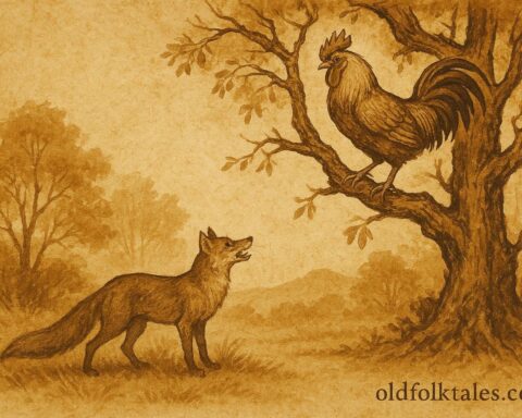 Parchment-style illustration of a rooster outwitting a fox, Spanish Colonial Latin American folktale.