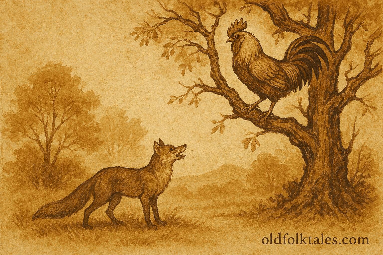 Parchment-style illustration of a rooster outwitting a fox, Spanish Colonial Latin American folktale.
