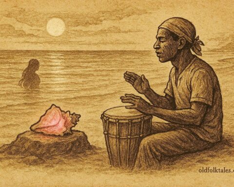 Parchment-style illustration of a Garifuna drummer and a mystical conch shell on a moonlit beach from folklore.