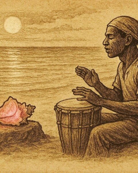 Parchment-style illustration of a Garifuna drummer and a mystical conch shell on a moonlit beach from folklore.