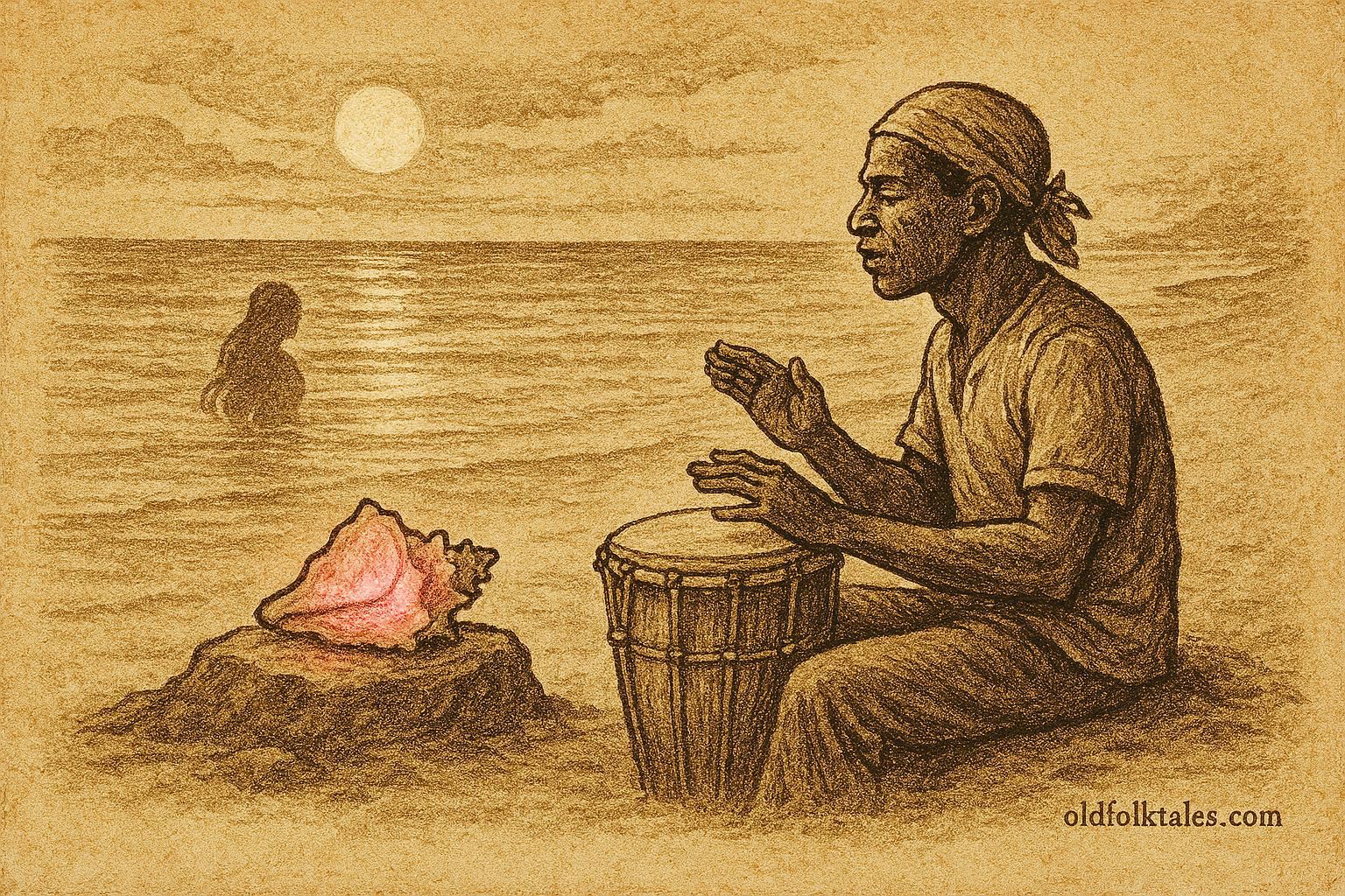 Parchment-style illustration of a Garifuna drummer and a mystical conch shell on a moonlit beach from folklore.