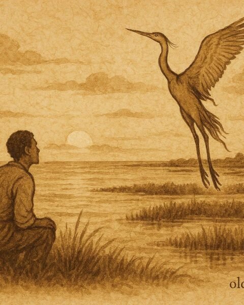 Parchment-style illustration of the Gaulin Bride transforming into a heron, Bahamian folklore scene.