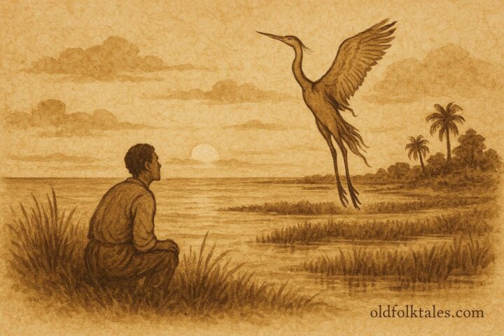 Parchment-style illustration of the Gaulin Bride transforming into a heron, Bahamian folklore scene.