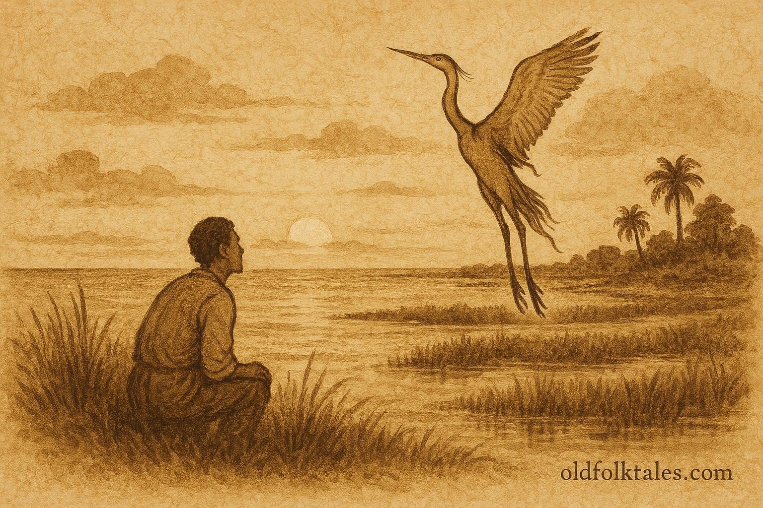 Parchment-style illustration of the Gaulin Bride transforming into a heron, Bahamian folklore scene.