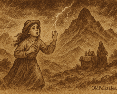 Sepia-toned illustration on aged rice parchment depicting a young girl in traditional Andean clothing caught in a storm on a sacred mountain. She stands with wind-swept hair and a fearful expression, one hand raised and the other pressed to her chest. Behind her, a stone altar with ritual objects and a cloaked figure evoke reverence. Towering peaks and swirling clouds dominate the background, with lightning striking dramatically. The scene captures her transformation from skeptic to ritual keeper. “OldFolktales.com” is inscribed at the bottom right.