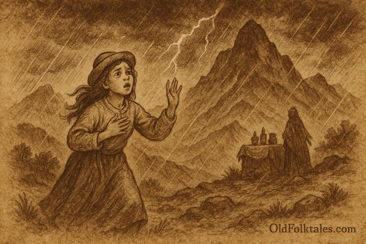 Sepia-toned illustration on aged rice parchment depicting a young girl in traditional Andean clothing caught in a storm on a sacred mountain. She stands with wind-swept hair and a fearful expression, one hand raised and the other pressed to her chest. Behind her, a stone altar with ritual objects and a cloaked figure evoke reverence. Towering peaks and swirling clouds dominate the background, with lightning striking dramatically. The scene captures her transformation from skeptic to ritual keeper. “OldFolktales.com” is inscribed at the bottom right.