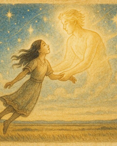 A young woman ascending to the sky world with the Star Man, Cree folktale.