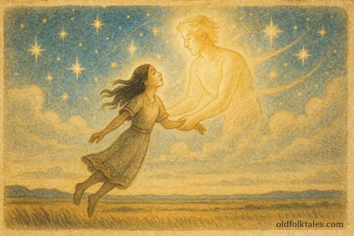A young woman ascending to the sky world with the Star Man, Cree folktale.