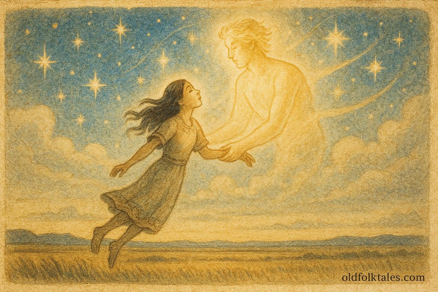 A young woman ascending to the sky world with the Star Man, Cree folktale.