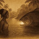 Parchment-style illustration of a girl bathing as a magical fish emerges in a Haitian folktale scene.