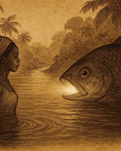 Parchment-style illustration of a girl bathing as a magical fish emerges in a Haitian folktale scene.