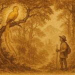 Parchment-style illustration of a hunter guided by the golden quetzal, Guatemalan folktale.