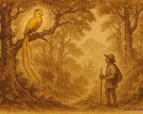 Parchment-style illustration of a hunter guided by the golden quetzal, Guatemalan folktale.