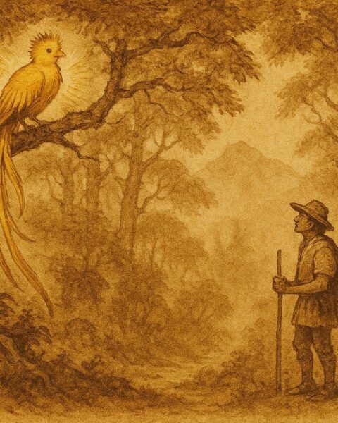 Parchment-style illustration of a hunter guided by the golden quetzal, Guatemalan folktale.
