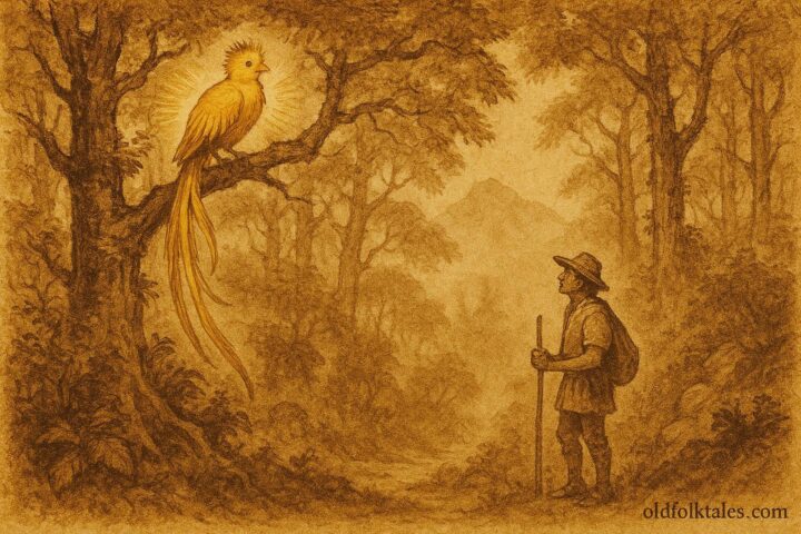 Parchment-style illustration of a hunter guided by the golden quetzal, Guatemalan folktale.