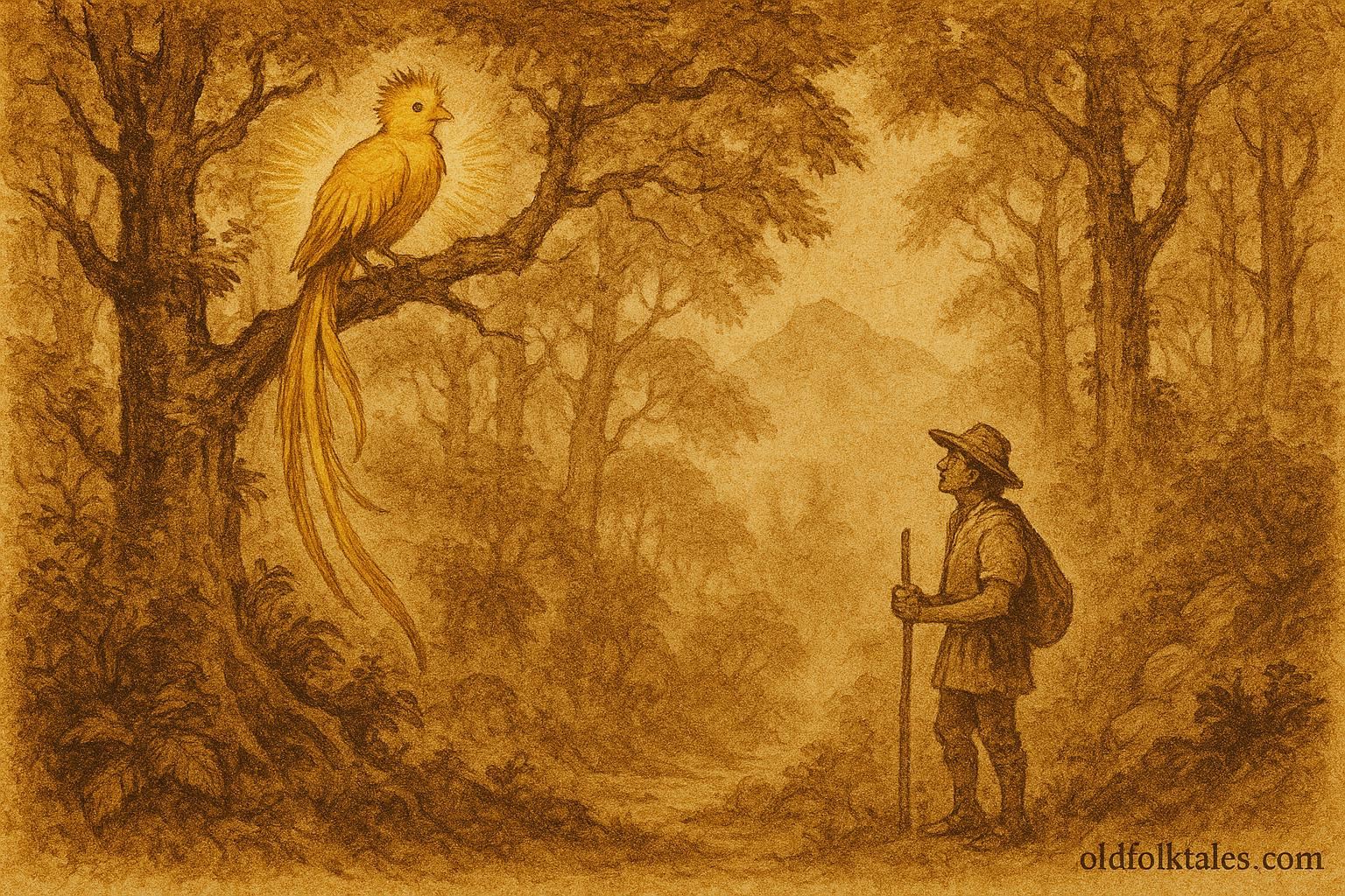 Parchment-style illustration of a hunter guided by the golden quetzal, Guatemalan folktale.