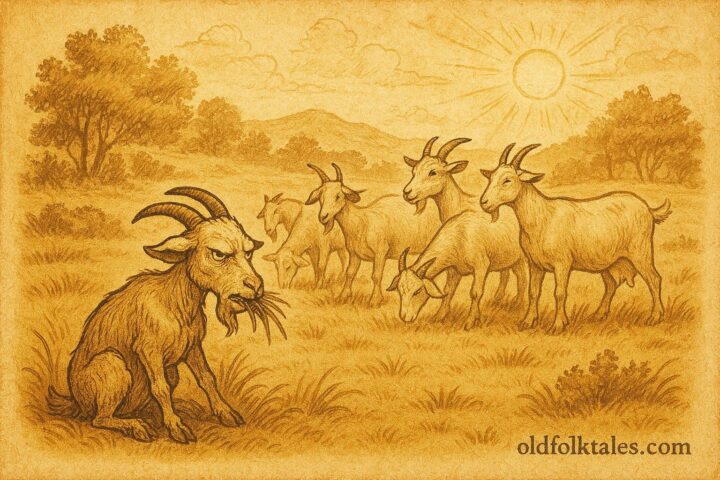 Parchment-style illustration of Cabrito the goat learning to share with other goats, Mexican rural folktale.