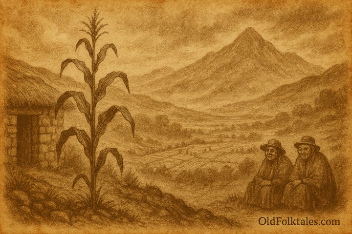 Sepia-toned illustration on aged rice parchment depicting a solitary maize plant standing tall on a misty Guatemalan mountainside, its stalk strong but bearing no ears. Below, communal fields glow with thriving crops tended by small figures working together. The background features mist-covered hills and a distant peak, symbolizing the K'iche' Maya teaching that sacred seeds flourish through shared care and ceremony. "OldFolktales.com" is inscribed at the bottom right corner.